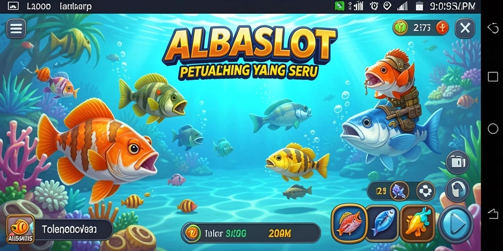 Menampilkan gameplay seru memancing di ALBASLOT dengan ikan beragam.