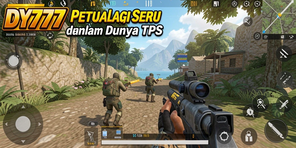 Screenshot utama DY777 menampilkan aksi pertempuran yang mendebarkan dalam game TPS.