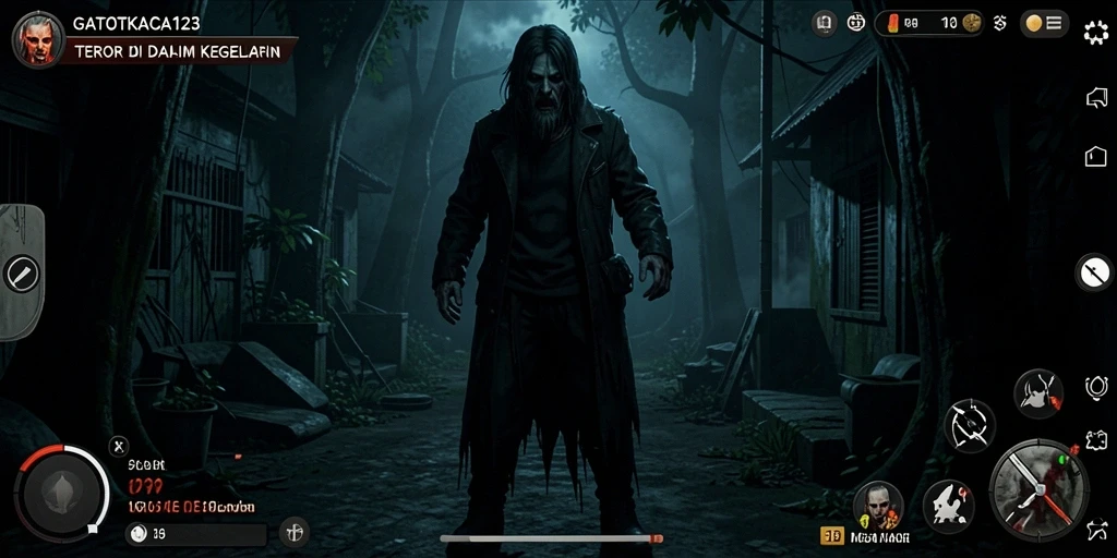 Tangkapan layar menakutkan dari gameplay GATOTKACA123 yang menunjukkan makhluk menyeramkan.