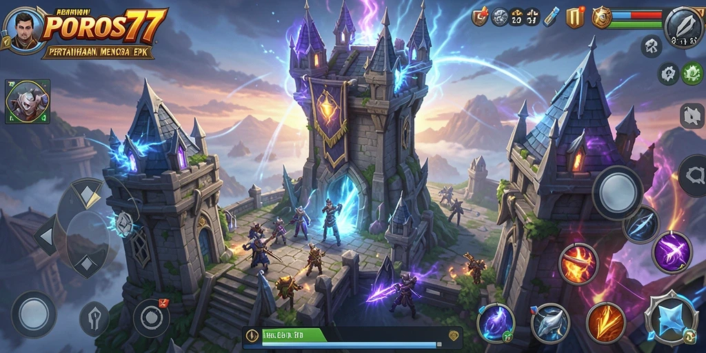 Screenshot POROS77 menampilkan aksi seru di medan pertempuran Tower Defense.